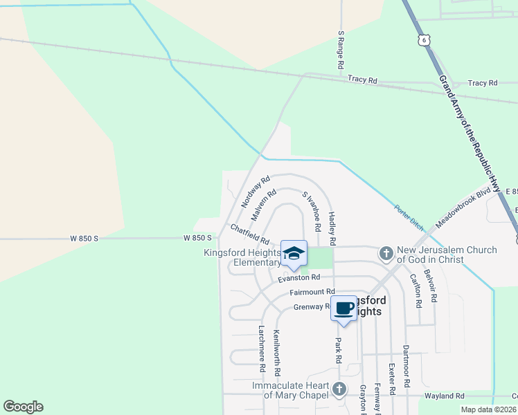 map of restaurants, bars, coffee shops, grocery stores, and more near 4011 Nordway Road in Kingsford Heights