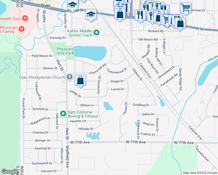 map of restaurants, bars, coffee shops, grocery stores, and more near 633 Laurel Drive in Dyer