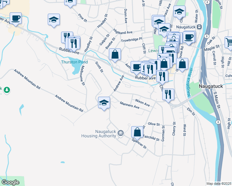 map of restaurants, bars, coffee shops, grocery stores, and more near 56 Andrew Avenue in Naugatuck