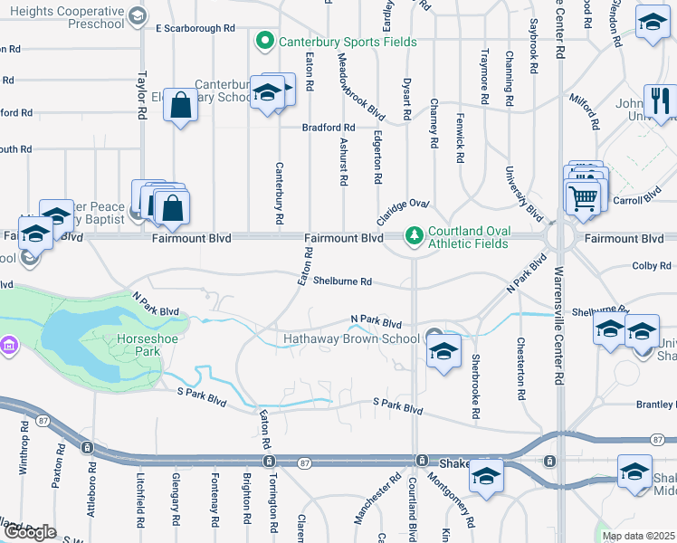 map of restaurants, bars, coffee shops, grocery stores, and more near 18801 Shelburne Road in Shaker Heights