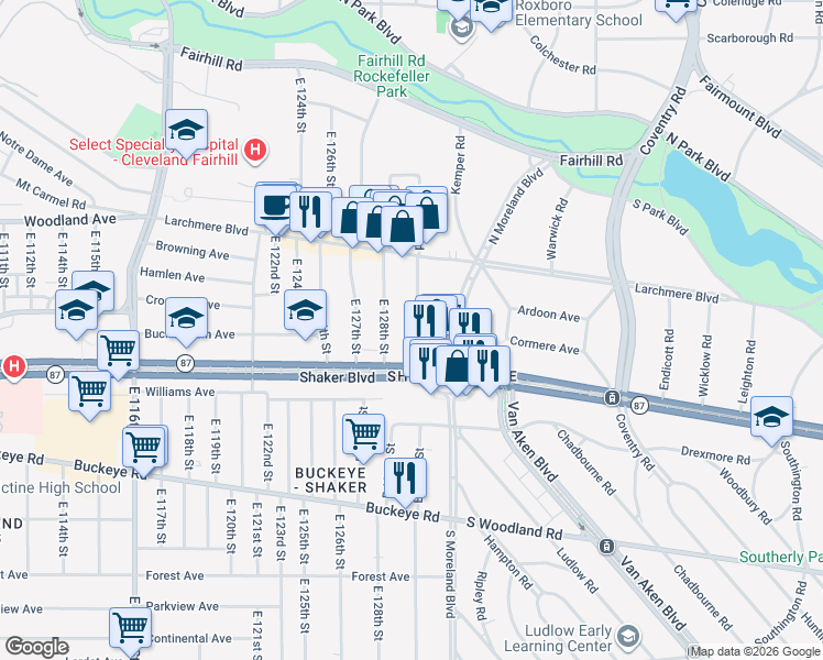 map of restaurants, bars, coffee shops, grocery stores, and more near 2671 East 128th Street in Cleveland