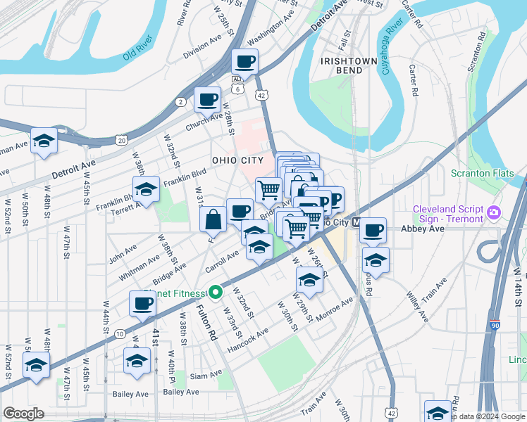 map of restaurants, bars, coffee shops, grocery stores, and more near 2700 Bridge Avenue in Cleveland