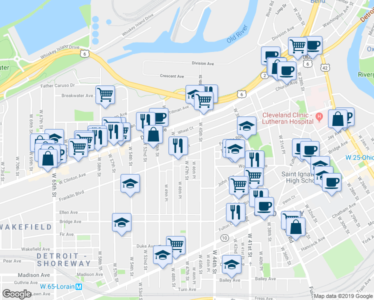 map of restaurants, bars, coffee shops, grocery stores, and more near 4607 Vine Court in Cleveland