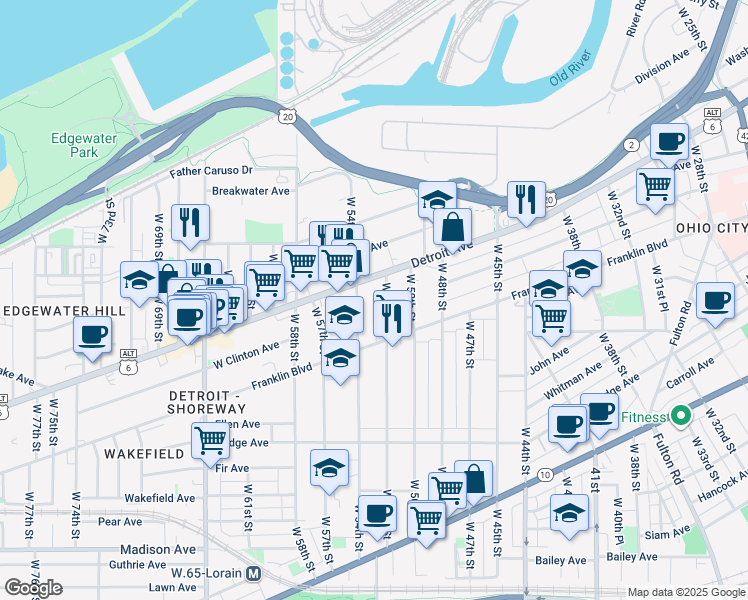 map of restaurants, bars, coffee shops, grocery stores, and more near in Cleveland