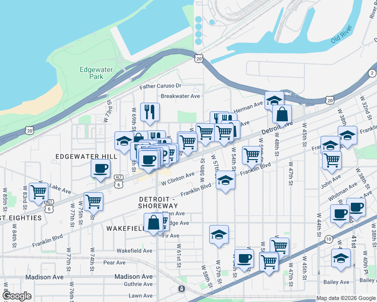 map of restaurants, bars, coffee shops, grocery stores, and more near in Cleveland