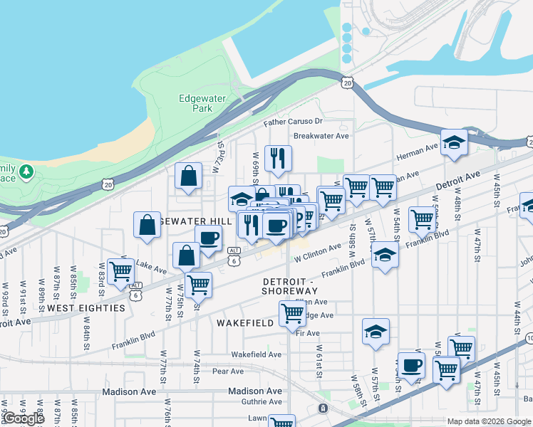 map of restaurants, bars, coffee shops, grocery stores, and more near 1329 West 69th Street in Cleveland