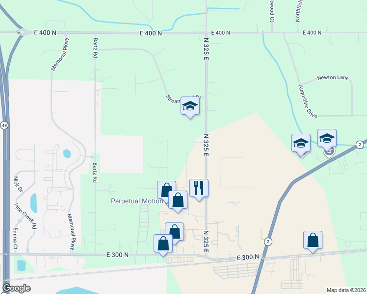 map of restaurants, bars, coffee shops, grocery stores, and more near 330 Long Bow Ct in Valparaiso
