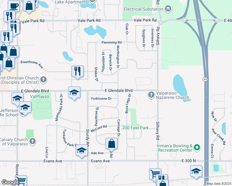 map of restaurants, bars, coffee shops, grocery stores, and more near 2230 East Glendale Boulevard in Valparaiso