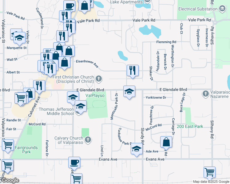 map of restaurants, bars, coffee shops, grocery stores, and more near 1673-1699 East Glendale Boulevard in Valparaiso