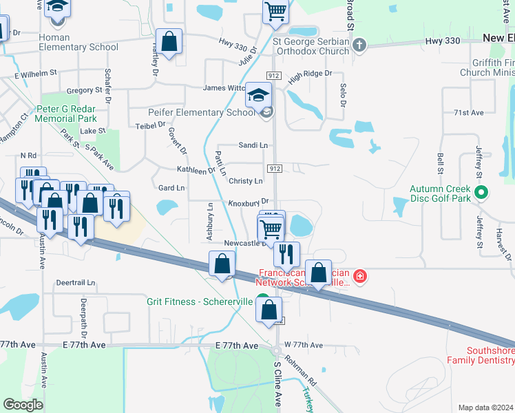 map of restaurants, bars, coffee shops, grocery stores, and more near 716-726 Knoxbury Drive in Schererville