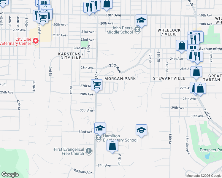 map of restaurants, bars, coffee shops, grocery stores, and more near 2614 8th Street in Moline