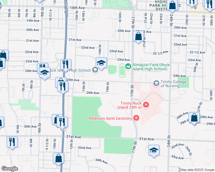 map of restaurants, bars, coffee shops, grocery stores, and more near 2505 15th Street in Rock Island