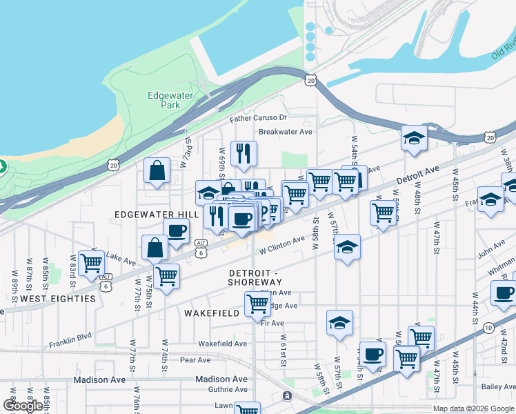 map of restaurants, bars, coffee shops, grocery stores, and more near 1357 West 65th Street in Cleveland