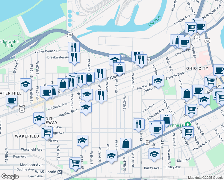 map of restaurants, bars, coffee shops, grocery stores, and more near in Cleveland