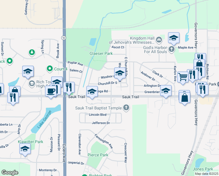 map of restaurants, bars, coffee shops, grocery stores, and more near 4525 East Churchill Drive in Richton Park