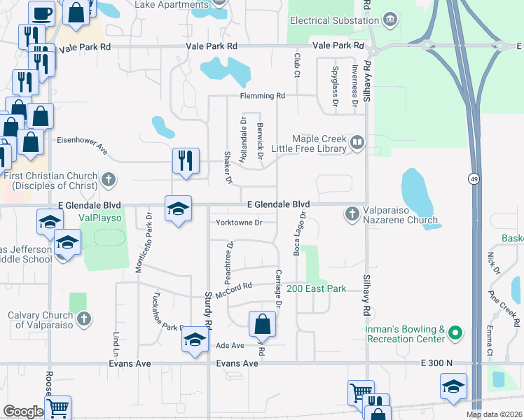 map of restaurants, bars, coffee shops, grocery stores, and more near 2230 East Glendale Boulevard in Valparaiso
