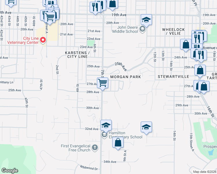 map of restaurants, bars, coffee shops, grocery stores, and more near 2614 8th Street in Moline