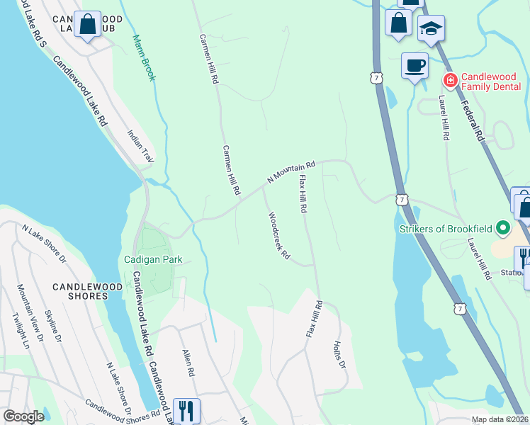 map of restaurants, bars, coffee shops, grocery stores, and more near 18 Woodcreek Road in Brookfield