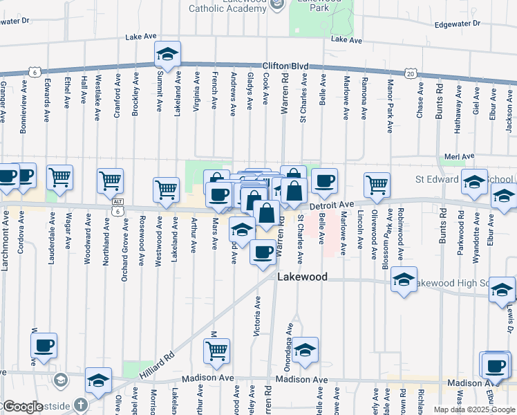 map of restaurants, bars, coffee shops, grocery stores, and more near 15000 Detroit Avenue in Lakewood