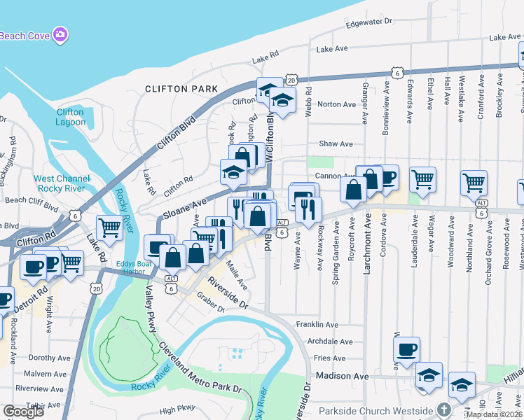 map of restaurants, bars, coffee shops, grocery stores, and more near 1347 Kenilworth Avenue in Lakewood