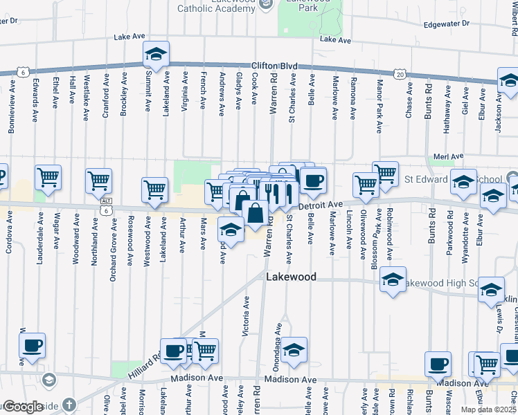 map of restaurants, bars, coffee shops, grocery stores, and more near in Lakewood