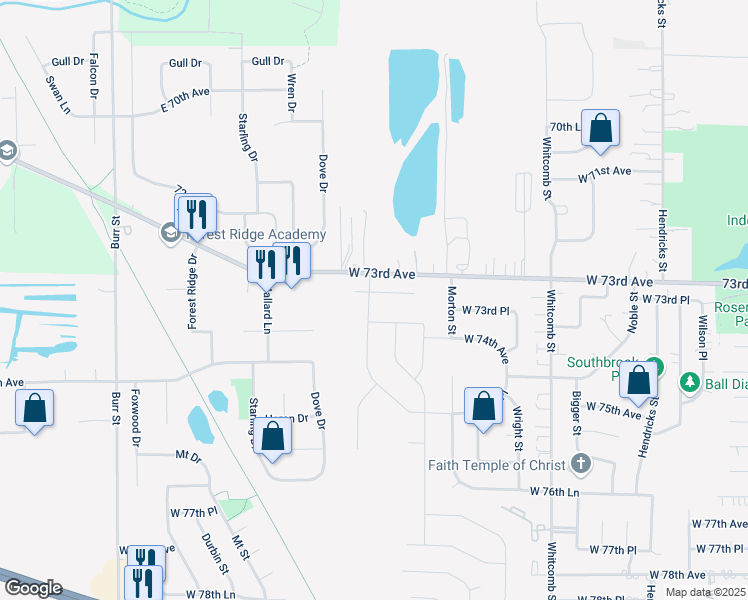 map of restaurants, bars, coffee shops, grocery stores, and more near 4595 West 73rd Court in Merrillville
