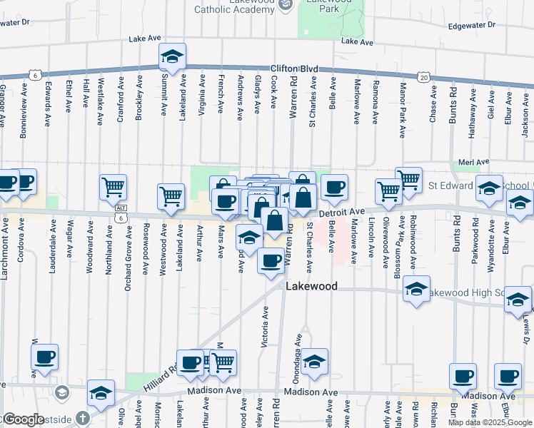 map of restaurants, bars, coffee shops, grocery stores, and more near 14881 Detroit Avenue in Lakewood