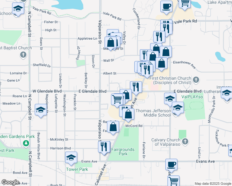 map of restaurants, bars, coffee shops, grocery stores, and more near 506 East Glendale Boulevard in Valparaiso