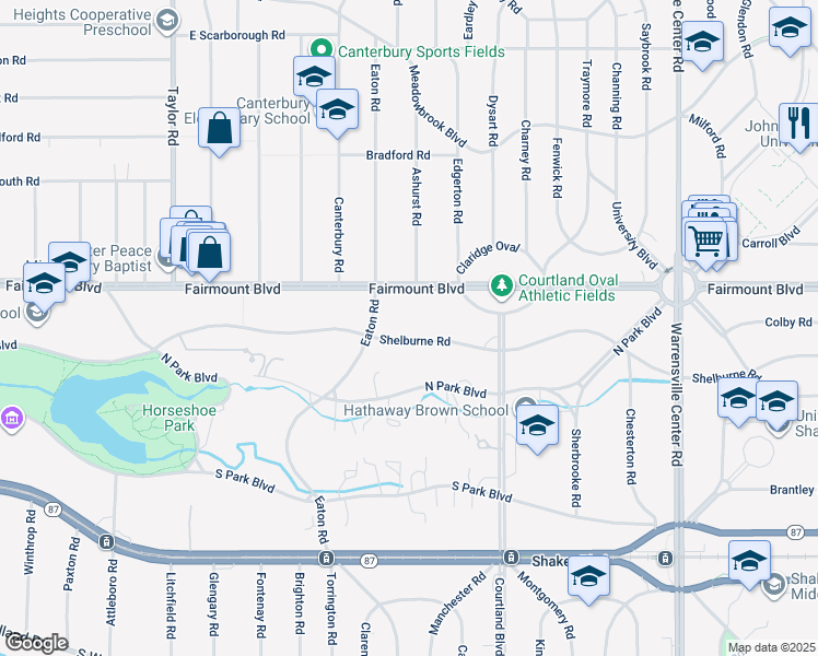 map of restaurants, bars, coffee shops, grocery stores, and more near 18801 Shelburne Road in Shaker Heights