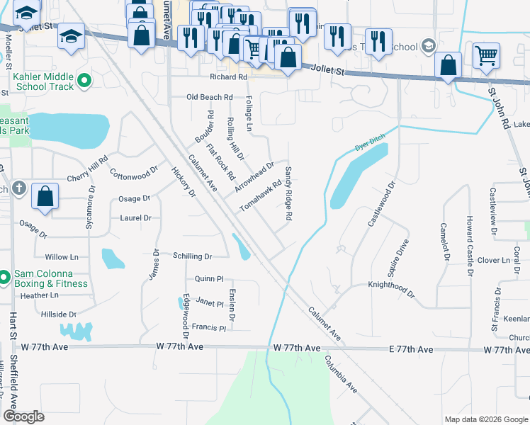 map of restaurants, bars, coffee shops, grocery stores, and more near 2534 Fossil Stone Road in Dyer