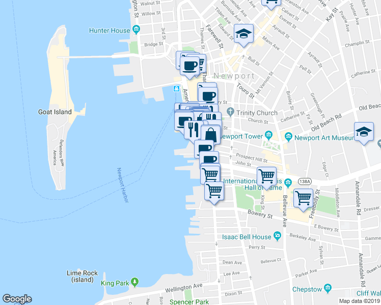 map of restaurants, bars, coffee shops, grocery stores, and more near 51 Commercial Wharf in Newport
