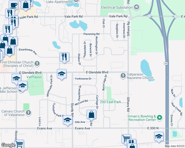 map of restaurants, bars, coffee shops, grocery stores, and more near 2220 East Glendale Boulevard in Valparaiso