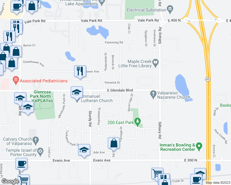 map of restaurants, bars, coffee shops, grocery stores, and more near 2222 East Glendale Boulevard in Valparaiso