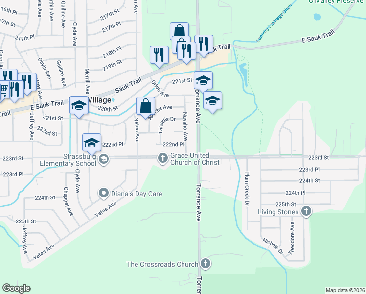 map of restaurants, bars, coffee shops, grocery stores, and more near 22238 Navaho Avenue in Sauk Village
