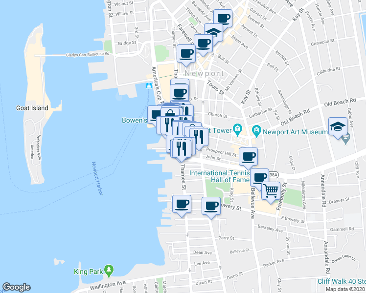 map of restaurants, bars, coffee shops, grocery stores, and more near 320 Thames Street in Newport