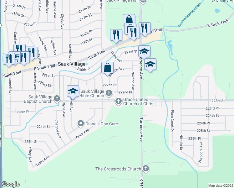 map of restaurants, bars, coffee shops, grocery stores, and more near 2440 222nd Place in Sauk Village