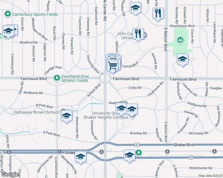 map of restaurants, bars, coffee shops, grocery stores, and more near 20550 University Boulevard in Shaker Heights