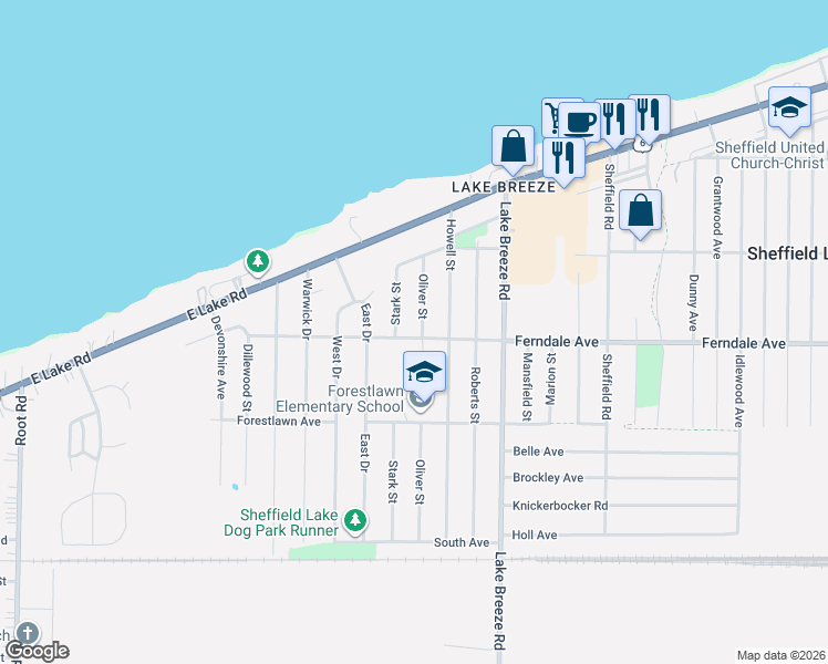 map of restaurants, bars, coffee shops, grocery stores, and more near 775 Oliver Street in Sheffield Lake