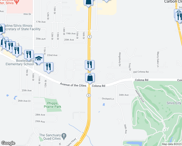 map of restaurants, bars, coffee shops, grocery stores, and more near 2215 John Deere Rd in East Moline