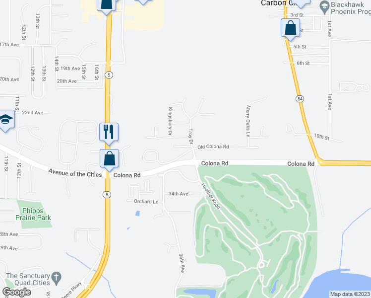 map of restaurants, bars, coffee shops, grocery stores, and more near 2129 Colona Road in East Moline