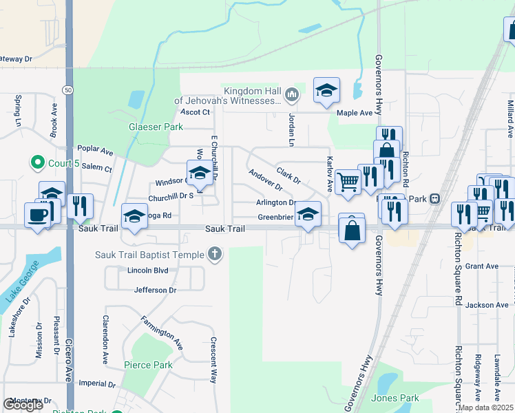 map of restaurants, bars, coffee shops, grocery stores, and more near 4307 Arlington Drive in Richton Park