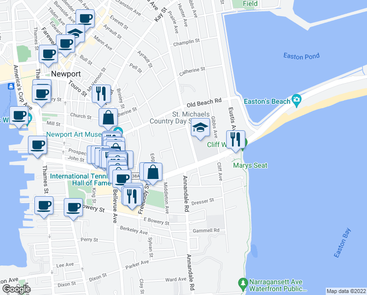 map of restaurants, bars, coffee shops, grocery stores, and more near 30 Red Cross Avenue in Newport