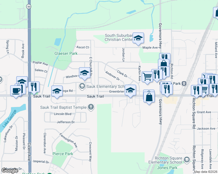 map of restaurants, bars, coffee shops, grocery stores, and more near 4307 Arlington Drive in Richton Park