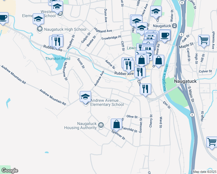 map of restaurants, bars, coffee shops, grocery stores, and more near 191 Scott Street in Naugatuck