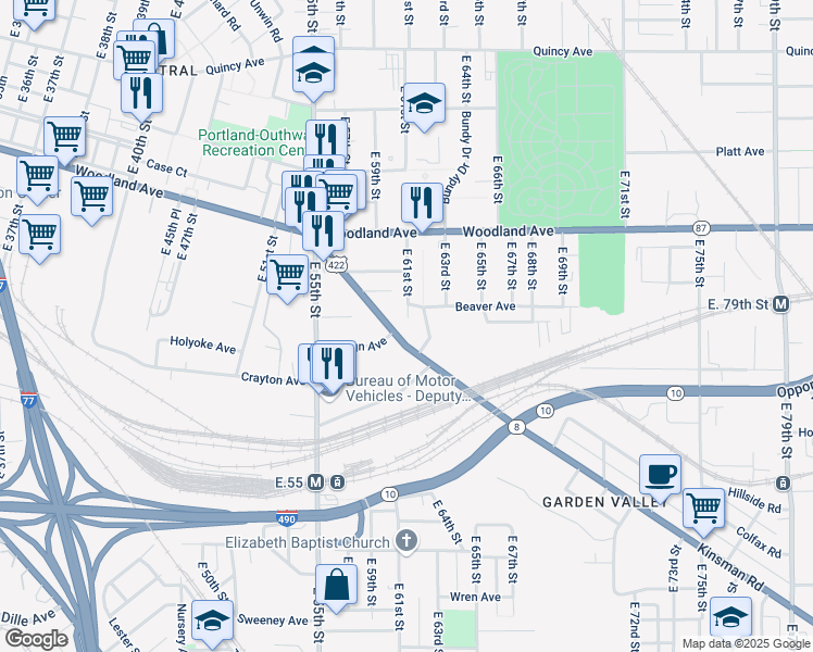 map of restaurants, bars, coffee shops, grocery stores, and more near 2686 East 61st Street in Cleveland