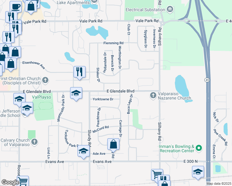 map of restaurants, bars, coffee shops, grocery stores, and more near 2230 East Glendale Boulevard in Valparaiso