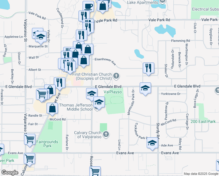 map of restaurants, bars, coffee shops, grocery stores, and more near 1671 East Glendale Boulevard in Valparaiso