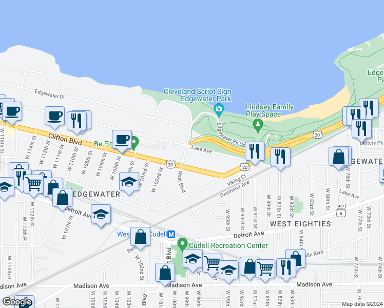 map of restaurants, bars, coffee shops, grocery stores, and more near 9845 Lake Ave in Cleveland