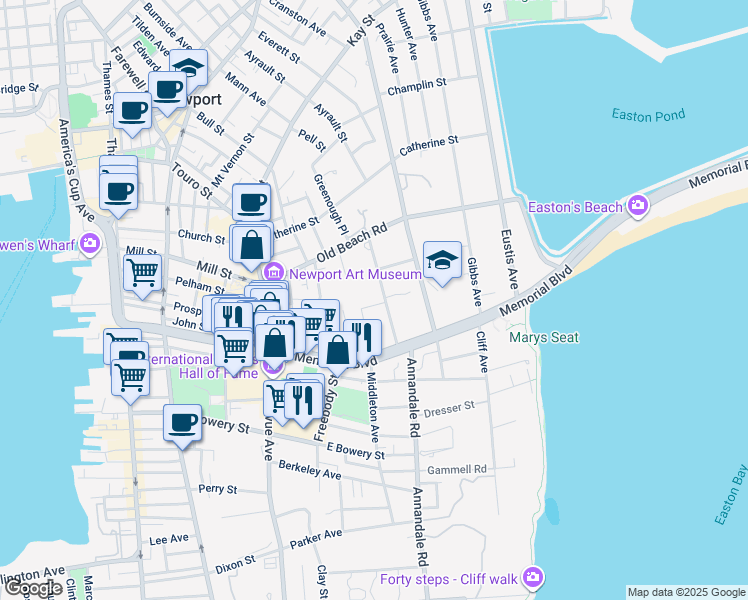 map of restaurants, bars, coffee shops, grocery stores, and more near 27 Red Cross Avenue in Newport