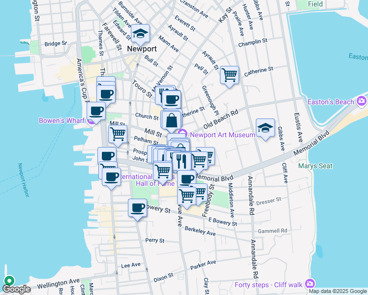 map of restaurants, bars, coffee shops, grocery stores, and more near 76 Bellevue Avenue in Newport